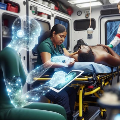 One EMS touching and caring for one patient in the back of an ambulance